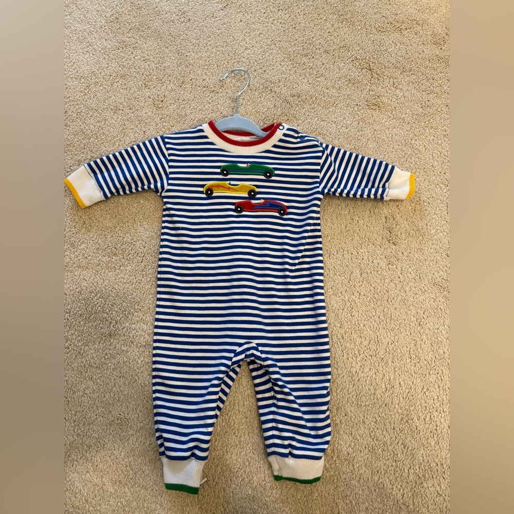 Striped Navy & White One-Piece with Colorful Car Appliqués